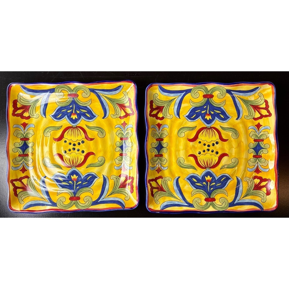 Set of 2 Maxcera Talavera Hand Painted Square Dinner Plates 9" (20B)